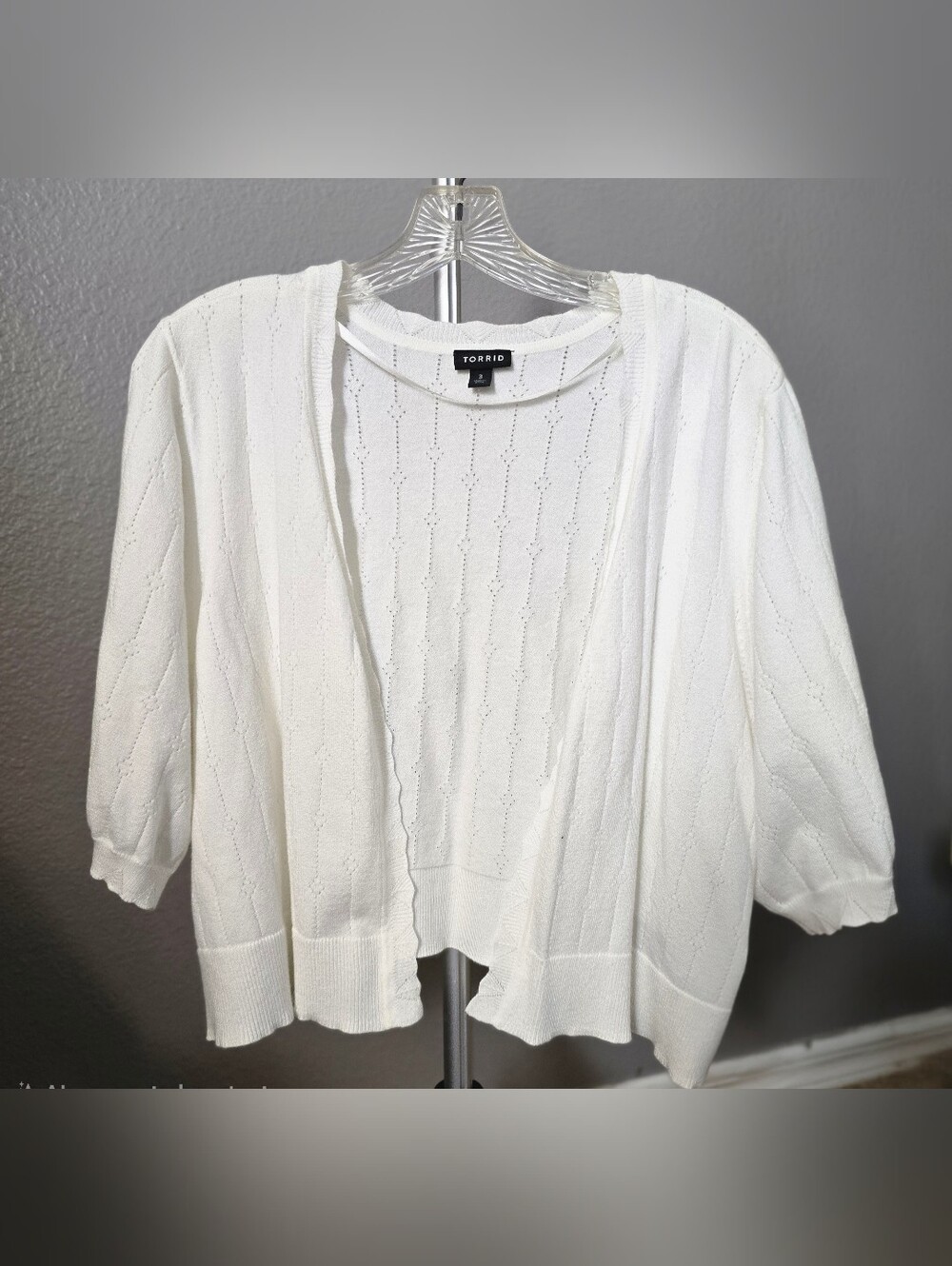 Torrid Size 3 3X Ivory Pointelle Open Front Cropped Cardigan 3/4 Sleeve